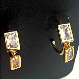 Gold Tone Cubic Zirconia Dangle Hoop Earrings Emerald Cut New